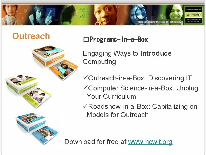 Outreach �Programs-in-a-Box Engaging Ways to Introduce Computing üOutreach-in-a-Box: Discovering IT. üComputer Science-in-a-Box: Unplug Your