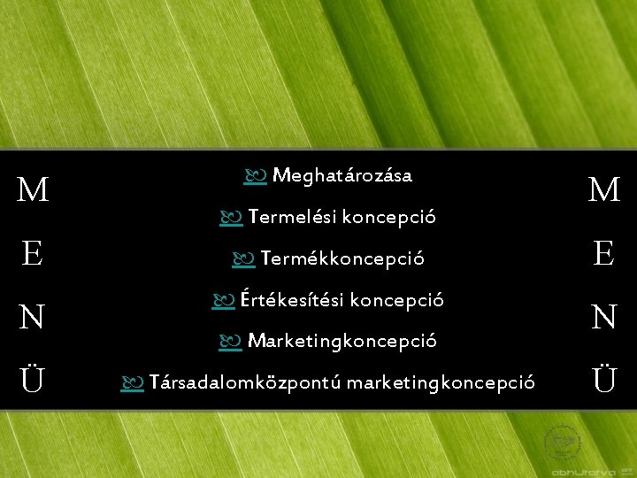 M E N Ü Meghatározása Termelési koncepció Termékkoncepció Értékesítési koncepció Marketingkoncepció Társadalomközpontú marketingkoncepció M