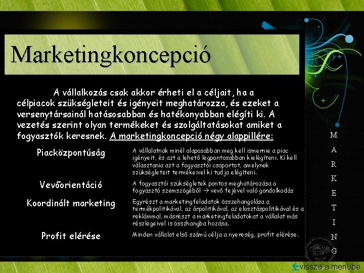 Marketingkoncepció A vállalkozás csak akkor érheti el a céljait, ha a célpiacok szükségleteit és