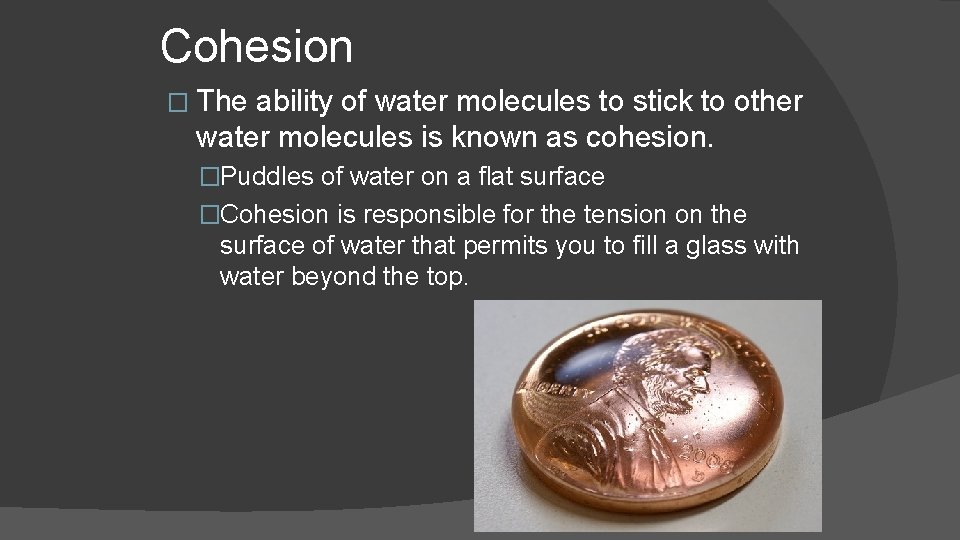 Cohesion � The ability of water molecules to stick to other water molecules is