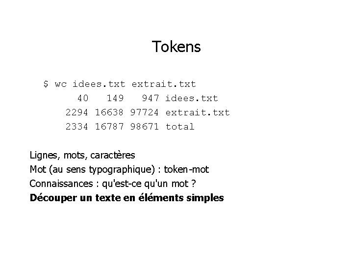 Tokens $ wc idees. txt extrait. txt 40 149 947 idees. txt 2294 16638