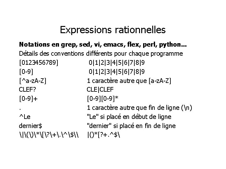 Expressions rationnelles Notations en grep, sed, vi, emacs, flex, perl, python. . . Détails