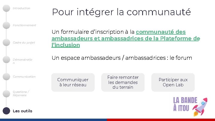 Introduction Pour intégrer la communauté Fonctionnement Cadre du projet Démonstratio n Communication Questions /