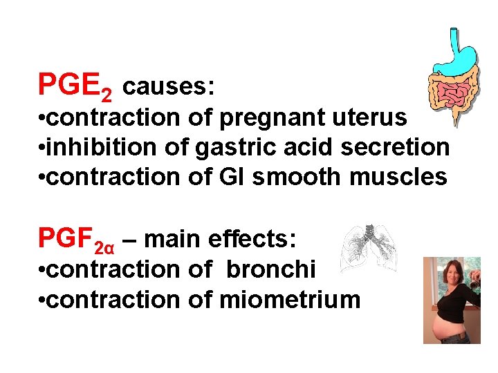 PGE 2 causes: • contraction of pregnant uterus • inhibition of gastric acid secretion