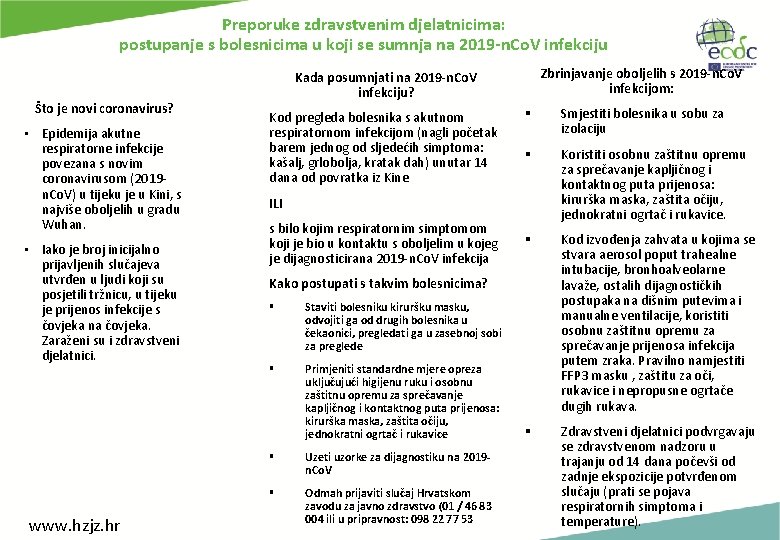 Preporuke zdravstvenim djelatnicima: postupanje s bolesnicima u koji se sumnja na 2019 -n. Co.