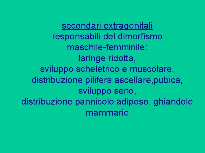 secondari extragenitali responsabili del dimorfismo maschile-femminile: laringe ridotta, sviluppo scheletrico e muscolare, distribuzione pilifera