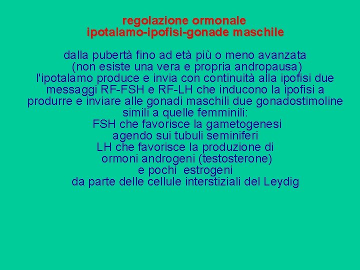 regolazione ormonale ipotalamo-ipofisi-gonade maschile dalla pubertà fino ad età più o meno avanzata (non