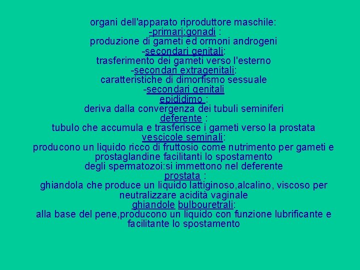 organi dell'apparato riproduttore maschile: -primari: gonadi : produzione di gameti ed ormoni androgeni -secondari