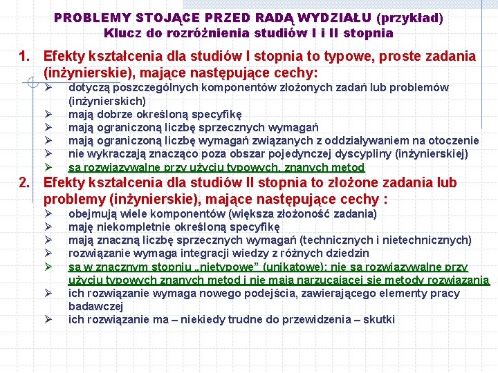 PROBLEMY STOJĄCE PRZED RADĄ WYDZIAŁU (przykład) Klucz do rozróżnienia studiów I i II stopnia