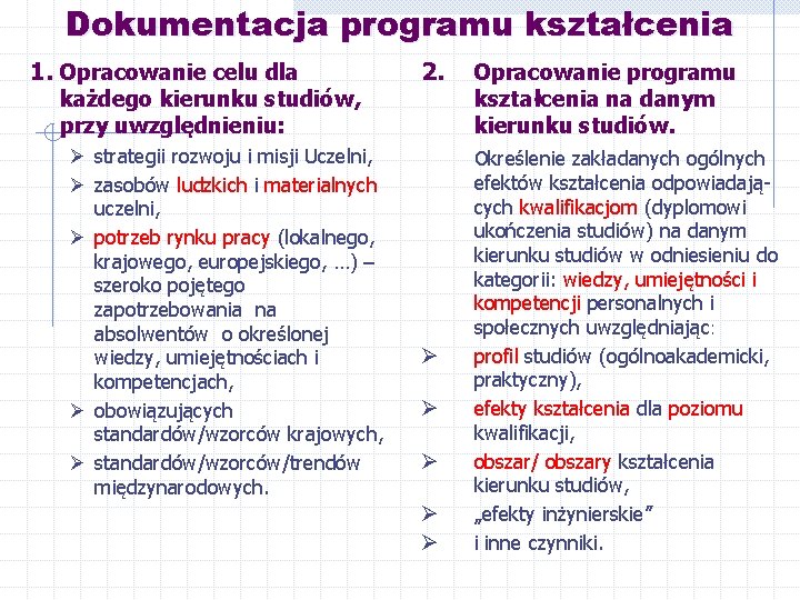 Dokumentacja programu kształcenia 1. Opracowanie celu dla każdego kierunku studiów, przy uwzględnieniu: Ø strategii