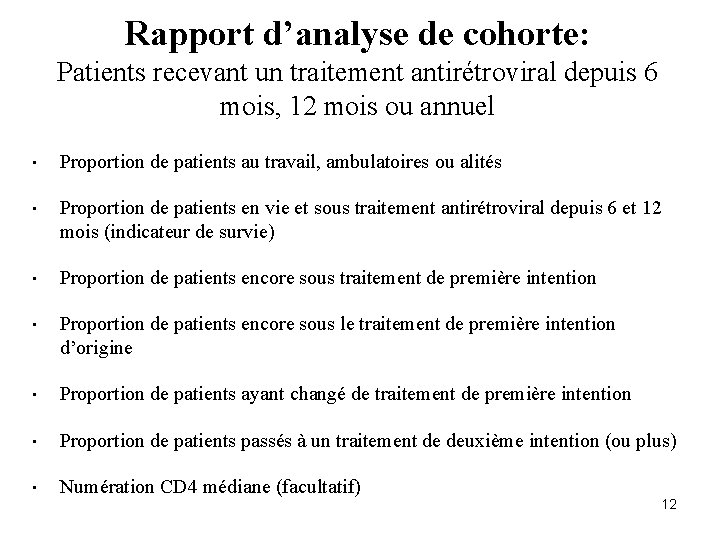 Rapport d’analyse de cohorte: Patients recevant un traitement antirétroviral depuis 6 mois, 12 mois