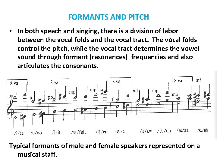 FORMANTS AND PITCH • In both speech and singing, there is a division of