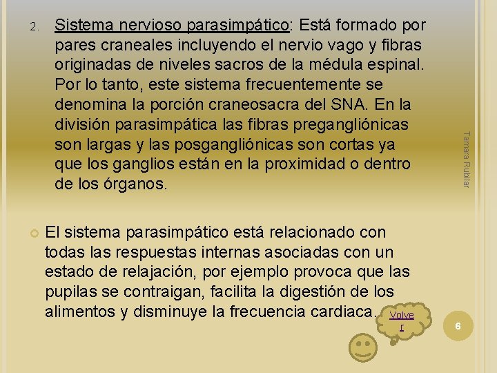 2. Tamara Rubilar Sistema nervioso parasimpático: Está formado por pares craneales incluyendo el nervio