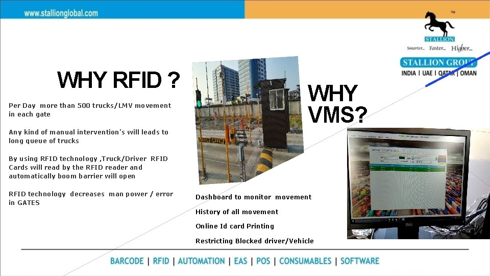 WHY RFID ? WHY VMS? Per Day more than 500 trucks/LMV movement in each