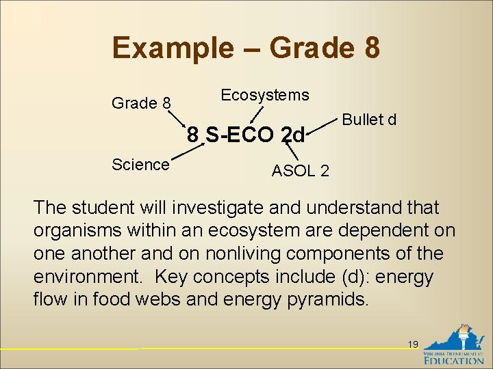 Example – Grade 8 Ecosystems 8 S-ECO 2 d Science Bullet d ASOL 2