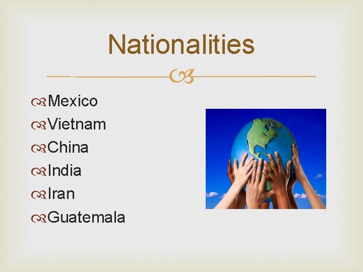 Nationalities Mexico Vietnam China India Iran Guatemala 