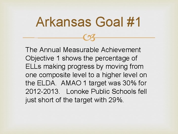 Arkansas Goal #1 The Annual Measurable Achievement Objective 1 shows the percentage of ELLs