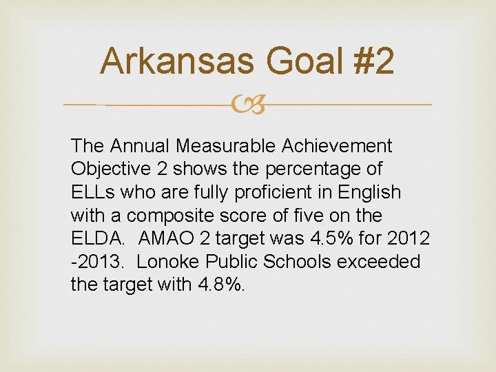 Arkansas Goal #2 The Annual Measurable Achievement Objective 2 shows the percentage of ELLs