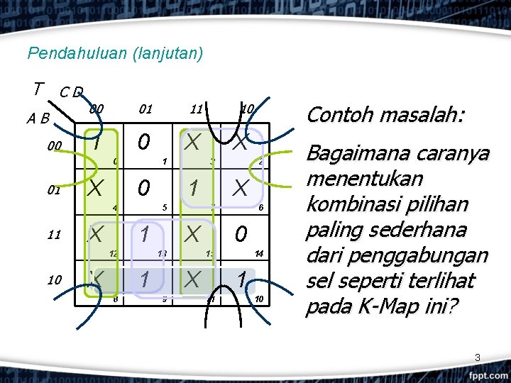 Pendahuluan (lanjutan) T CD AB 00 00 01 11 1 0 X 0 01