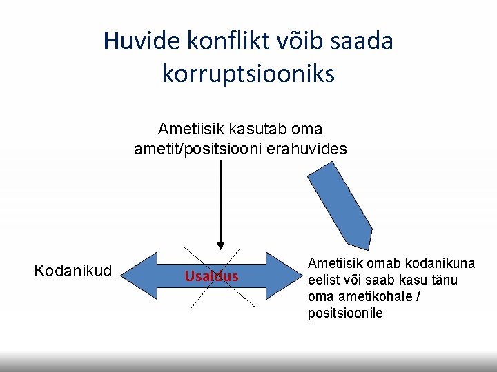 Huvide konflikt võib saada korruptsiooniks Ametiisik kasutab oma ametit/positsiooni erahuvides Kodanikud Usaldus Ametiisik omab