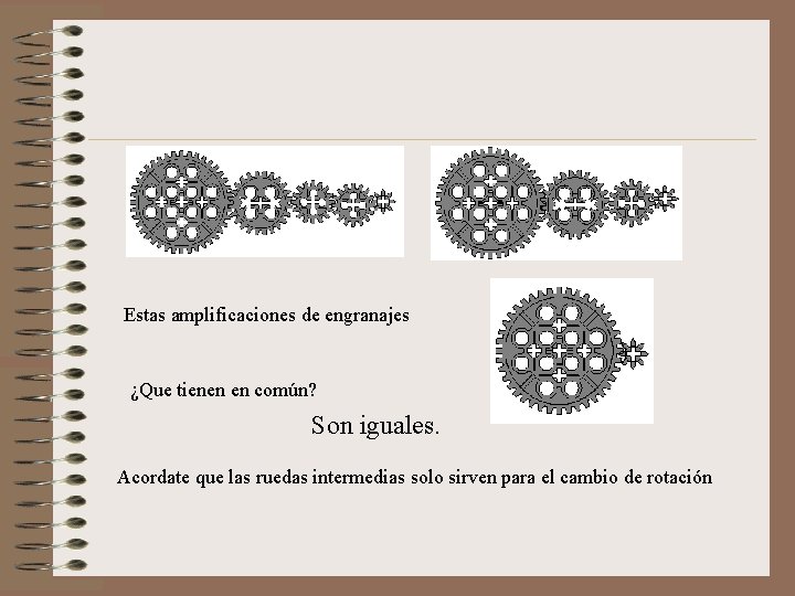 Estas amplificaciones de engranajes ¿Que tienen en común? Son iguales. Acordate que las ruedas