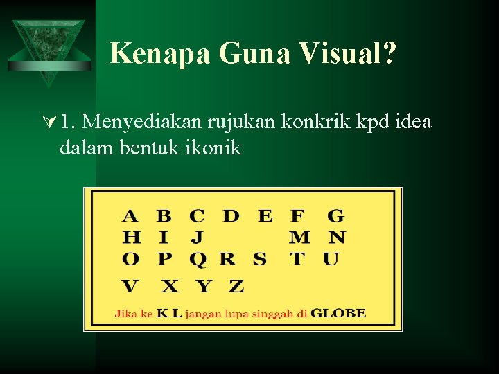 Kenapa Guna Visual? Ú 1. Menyediakan rujukan konkrik kpd idea dalam bentuk ikonik 
