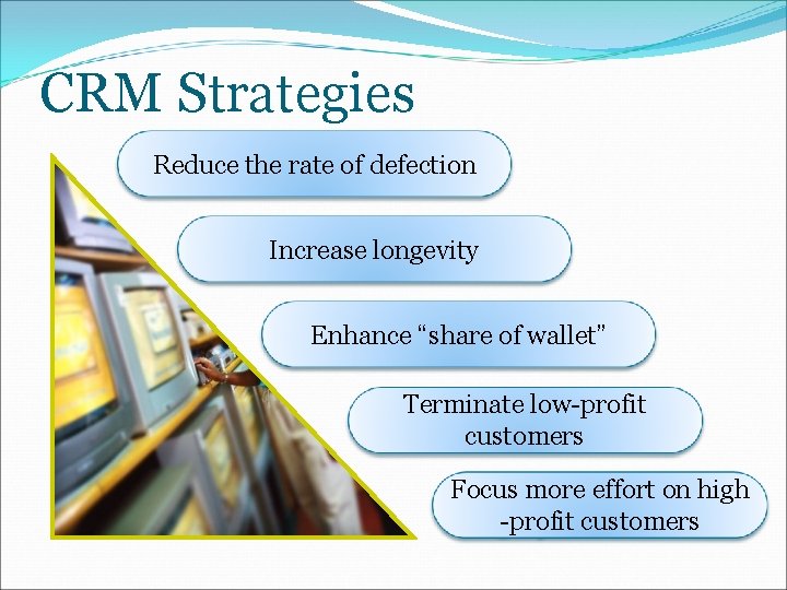 CRM Strategies Reduce the rate of defection Increase longevity Enhance “share of wallet” Terminate