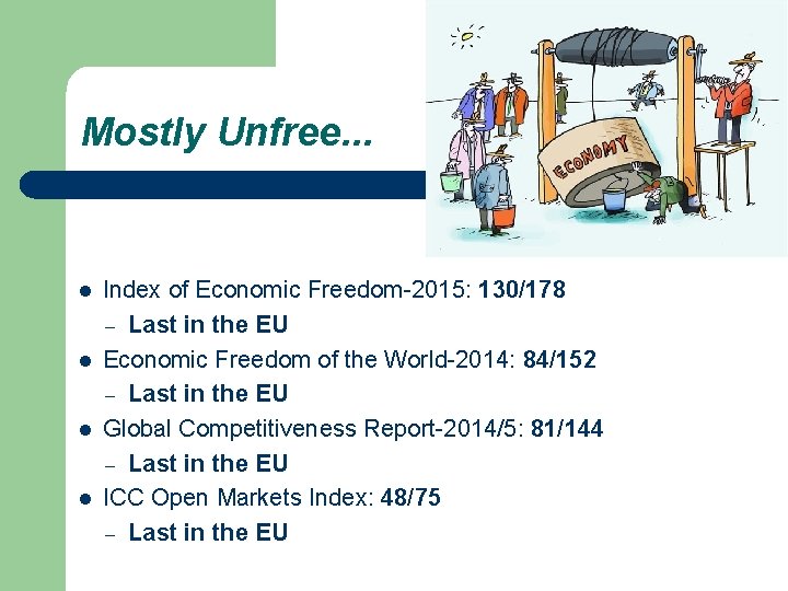 Mostly Unfree. . . l l Index of Economic Freedom-2015: 130/178 – Last in