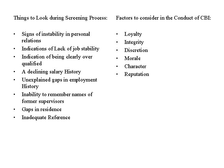 Things to Look during Screening Process: Factors to consider in the Conduct of CBI: