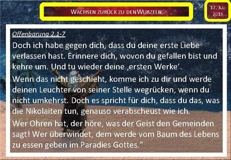 WACHSEN ZURÜCK ZU DEN WURZELN 17. JULI 2016 Offenbarung 2, 1 -7 Doch ich