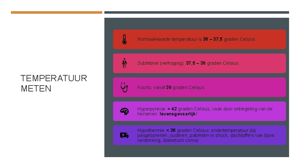 Normaalwaarde temperatuur is 36 – 37, 5 graden Celsius Subfebriel (verhoging): 37, 5 –