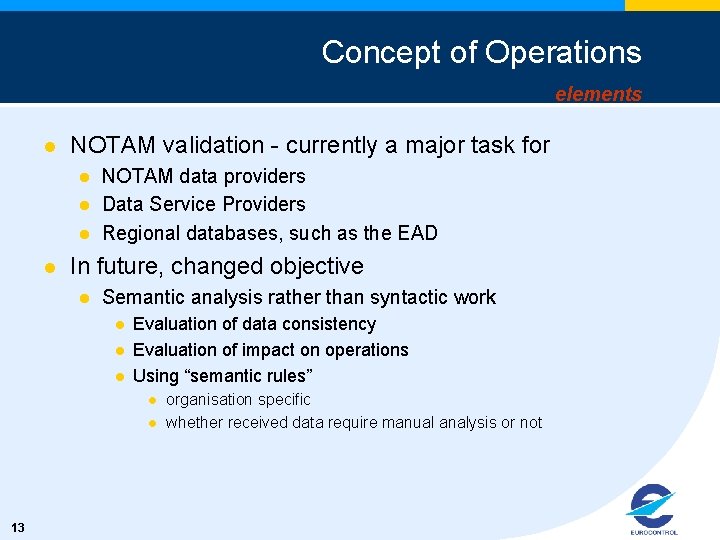 Concept of Operations elements l NOTAM validation - currently a major task for l