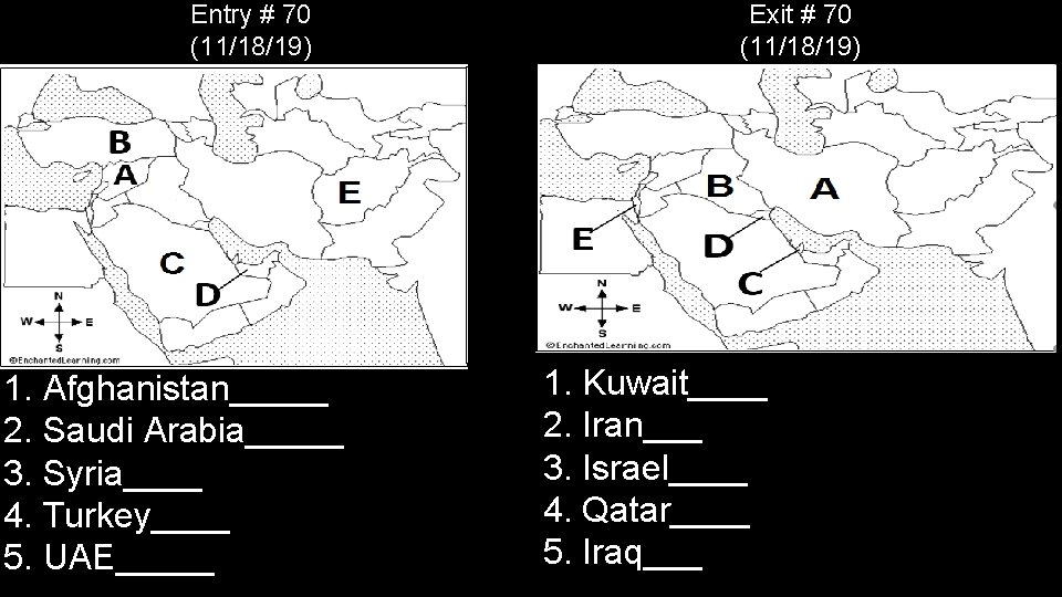 Entry # 70 (11/18/19) 1. Afghanistan_____ 2. Saudi Arabia_____ 3. Syria____ 4. Turkey____ 5.