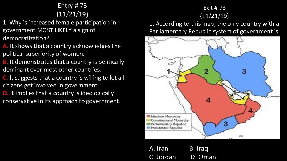 Entry # 73 (11/21/19) 1. Why is increased female participation in government MOST LIKELY