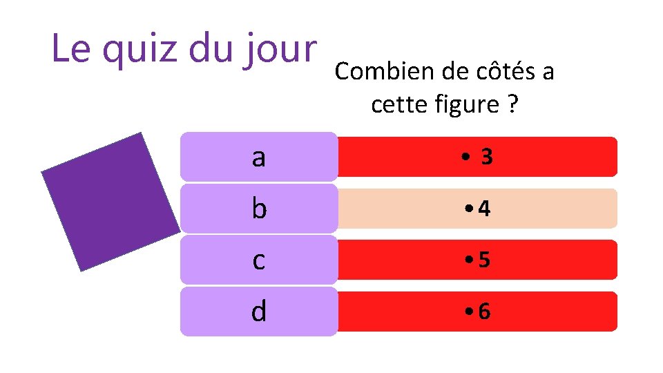 Le quiz du jour Combien de côtés a cette figure ? a • 3