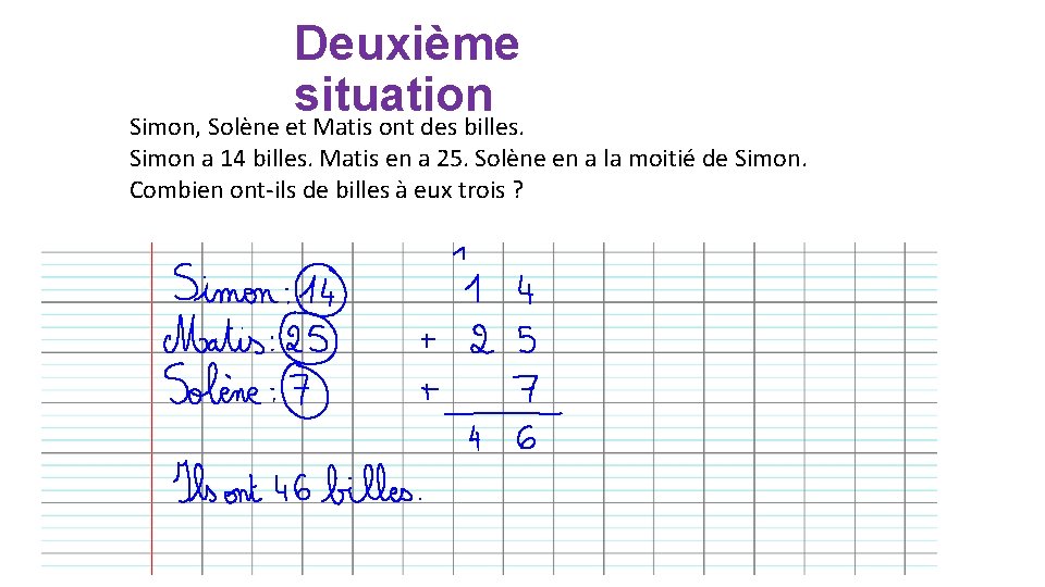 Deuxième situation Simon, Solène et Matis ont des billes. Simon a 14 billes. Matis