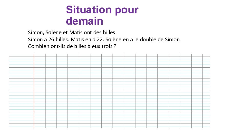 Situation pour demain Simon, Solène et Matis ont des billes. Simon a 26 billes.