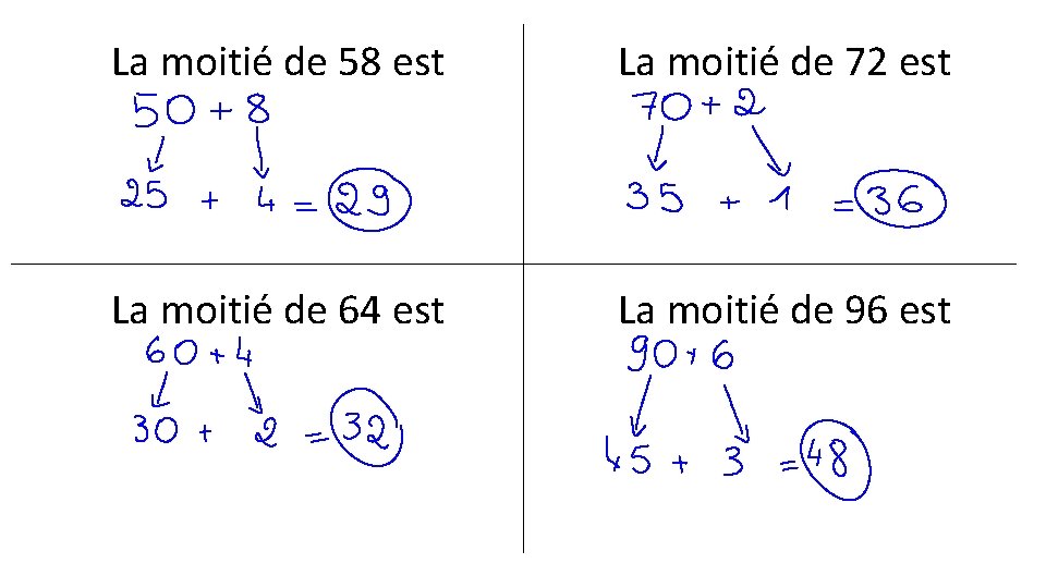 La moitié de 58 est La moitié de 72 est La moitié de 64