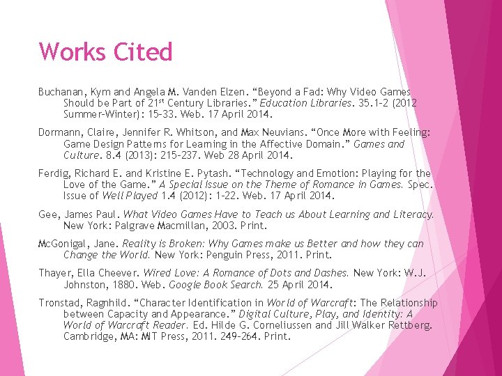 Works Cited Buchanan, Kym and Angela M. Vanden Elzen. “Beyond a Fad: Why Video