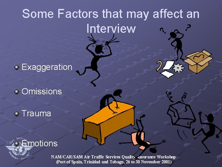 Some Factors that may affect an Interview Exaggeration Omissions Trauma Emotions NAM/CAR/SAM Air Traffic