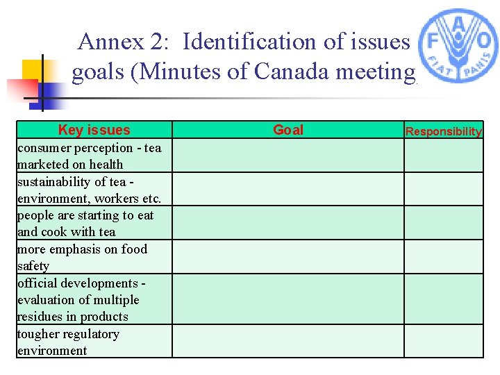 Annex 2: Identification of issues and goals (Minutes of Canada meeting) Key issues consumer