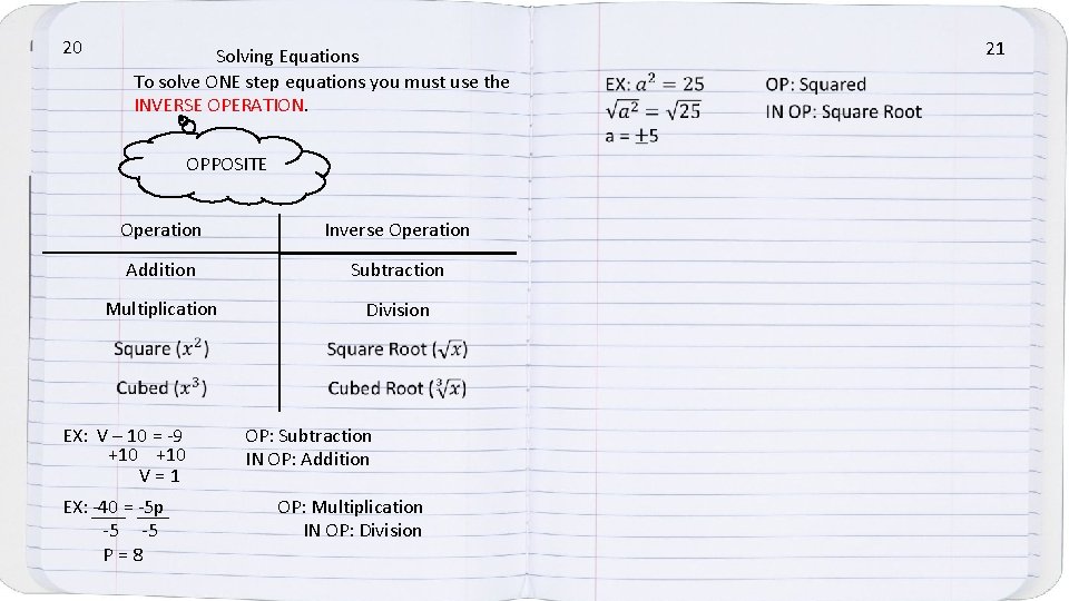 20 Solving Equations To solve ONE step equations you must use the INVERSE OPERATION.