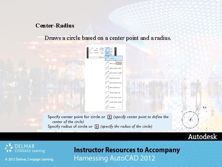 Center-Radius Draws a circle based on a center point and a radius. Center-Radius Draws a circle based on a center point and a radius.