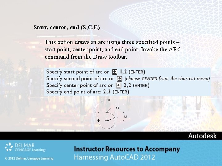 Start, center, end (S, C, E) This option draws an arc using three specified Start, center, end (S, C, E) This option draws an arc using three specified