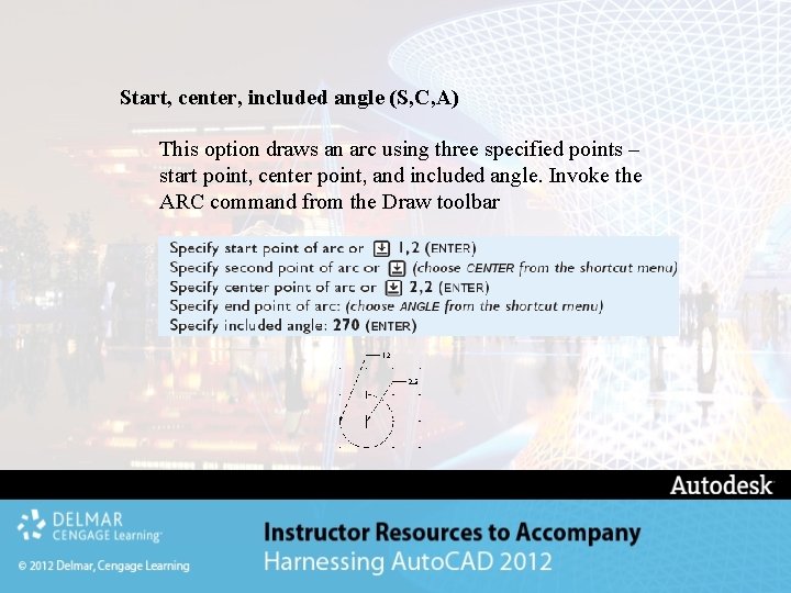Start, center, included angle (S, C, A) This option draws an arc using three Start, center, included angle (S, C, A) This option draws an arc using three