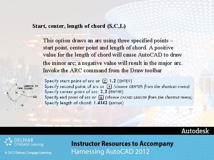 Start, center, length of chord (S, C, L) This option draws an arc using Start, center, length of chord (S, C, L) This option draws an arc using