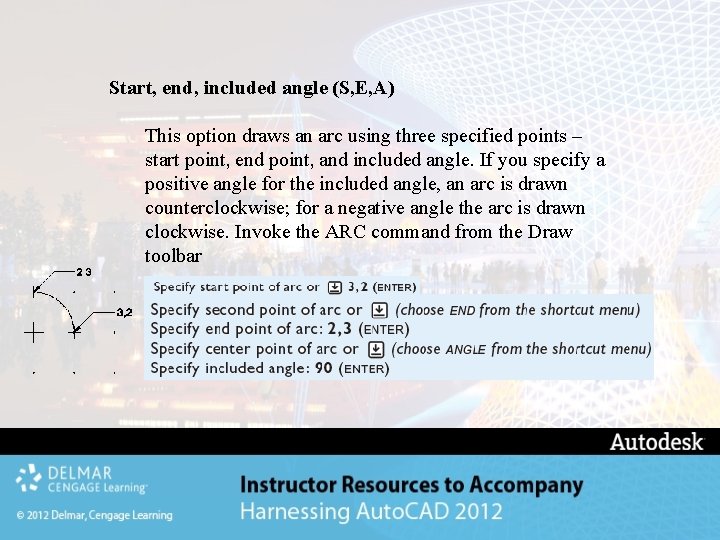 Start, end, included angle (S, E, A) This option draws an arc using three Start, end, included angle (S, E, A) This option draws an arc using three