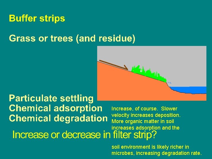 Increase, of course. Slower velocity increases deposition. More organic matter in soil increases adsorption