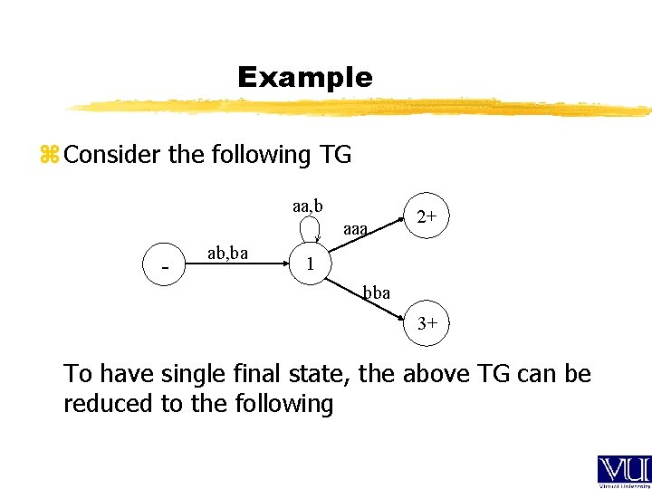 Example z Consider the following TG aa, b aaa - ab, ba 2+ 1