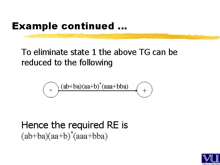 Example continued … To eliminate state 1 the above TG can be reduced to